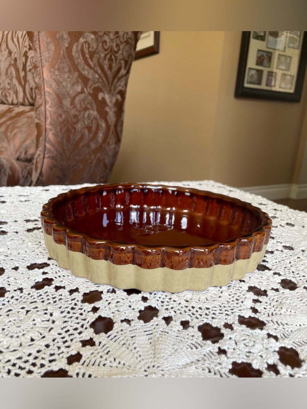 Vintage Glazed Stoneware Scalloped Flan Dish - 1970's Pie Dish